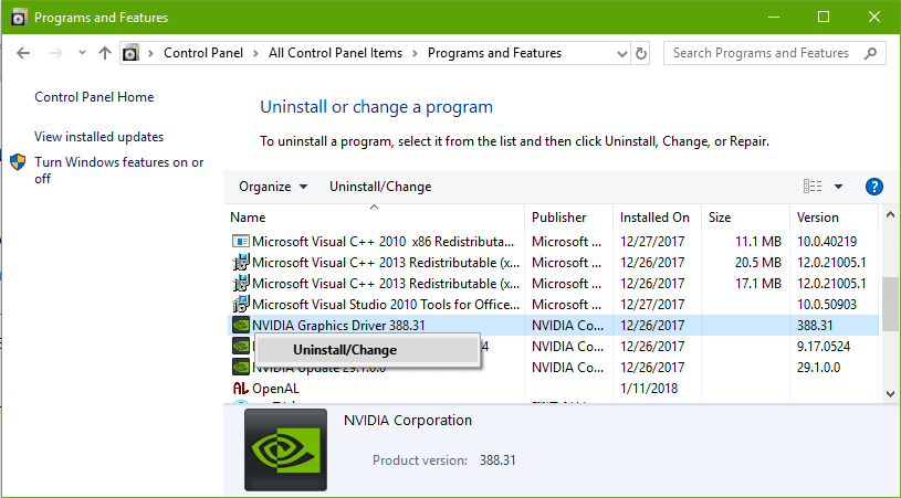 uninstall graphics driver windows 10