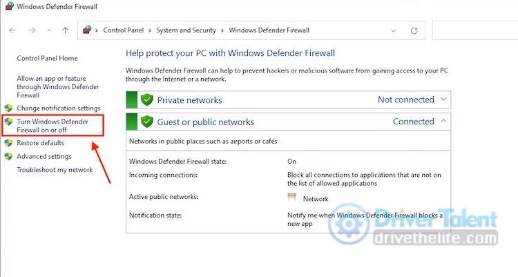 Turn Windows Defender Firewall on or off