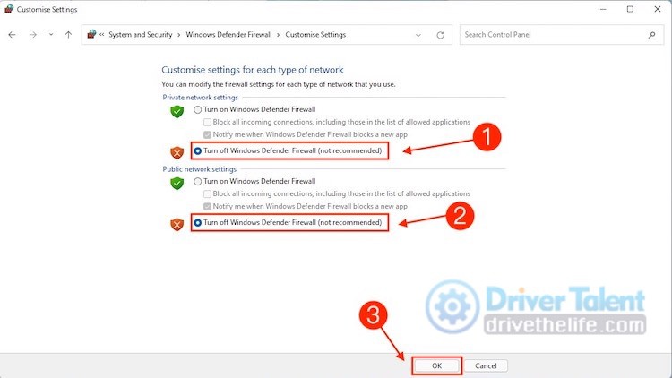 Turn off Windows Defender Firewall