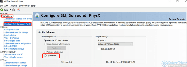 Disable SLI in NVIDIA settings