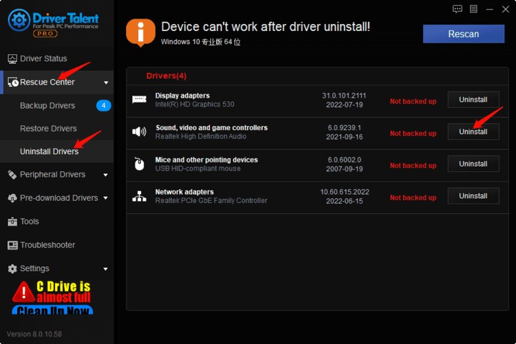 uninstall drivers